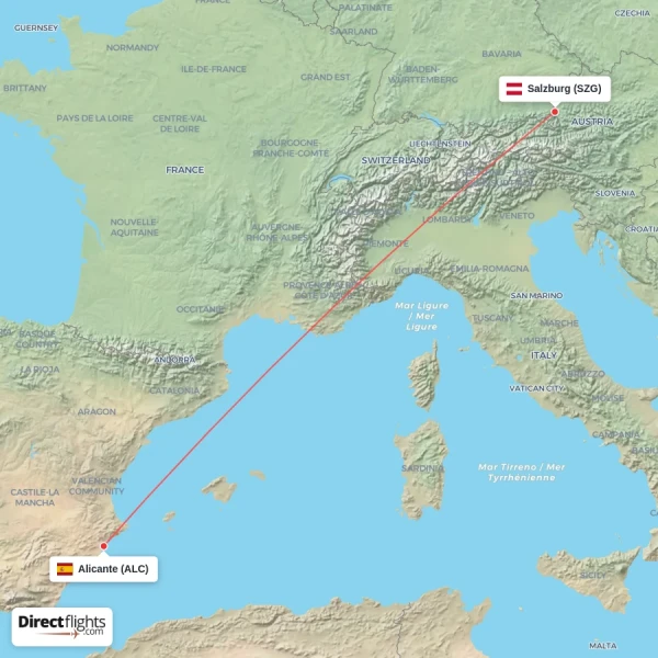 Alicante - Salzburg direct flight map