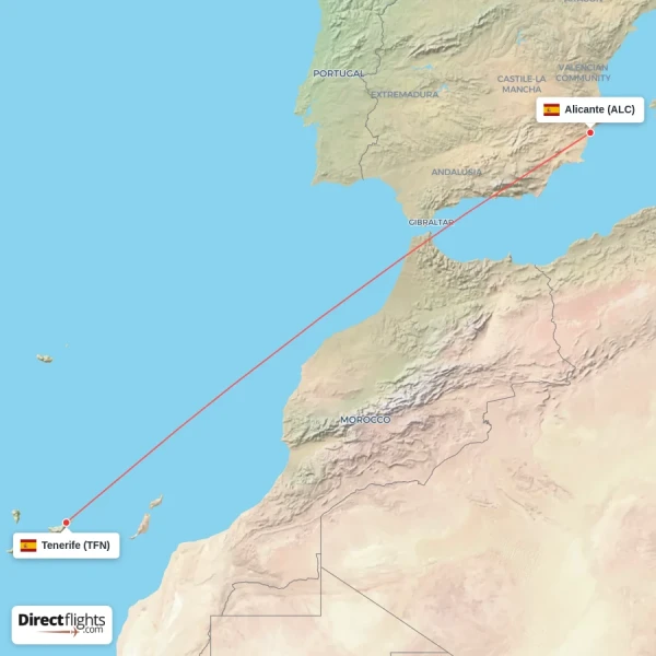 Alicante - Tenerife direct flight map