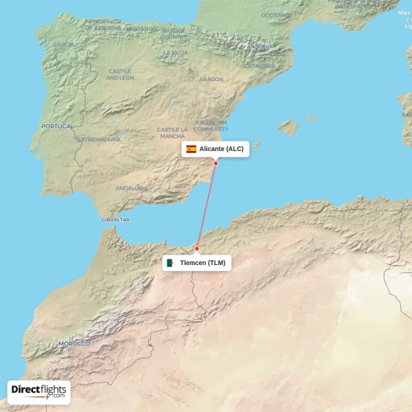 Alicante - Tlemcen direct flight map