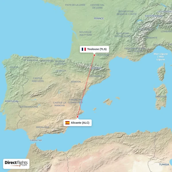 Alicante - Toulouse direct flight map