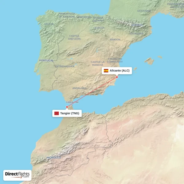 Alicante - Tangier direct flight map