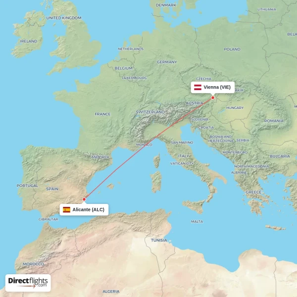 Alicante - Vienna direct flight map