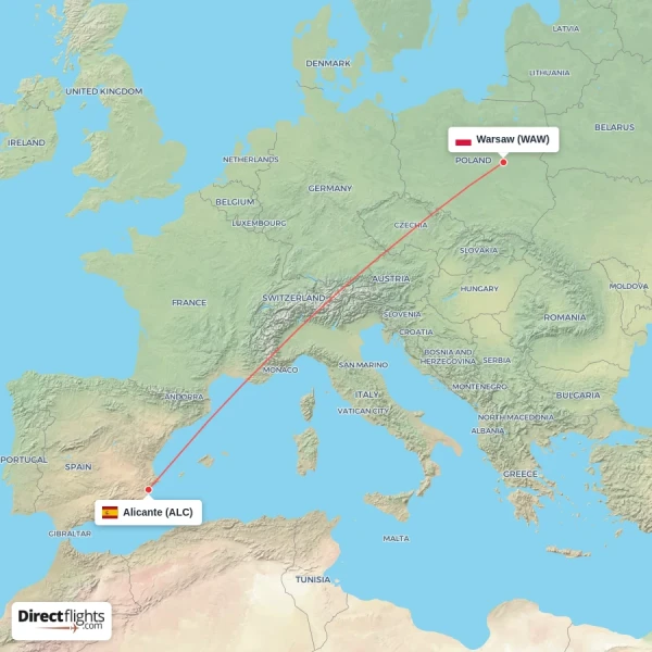 Alicante - Warsaw direct flight map
