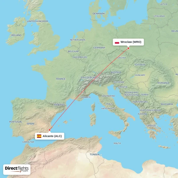 Alicante - Wroclaw direct flight map