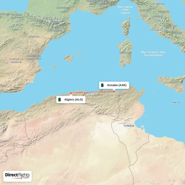 Algiers - Annaba direct flight map