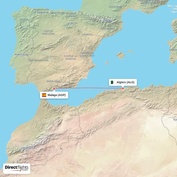 Algiers - Malaga direct flight map