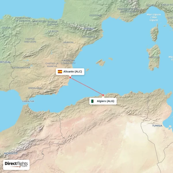 Algiers - Alicante direct flight map