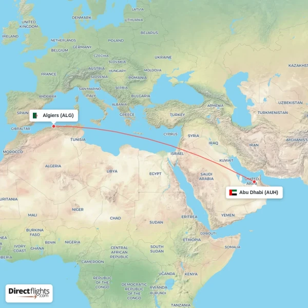 Algiers - Abu Dhabi direct flight map