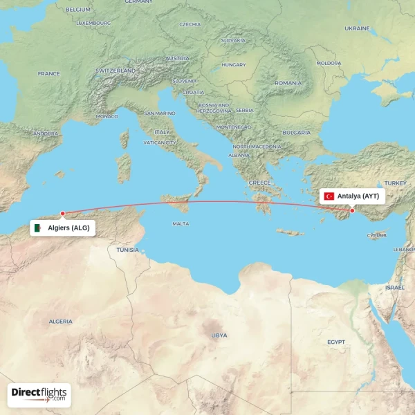Algiers - Antalya direct flight map