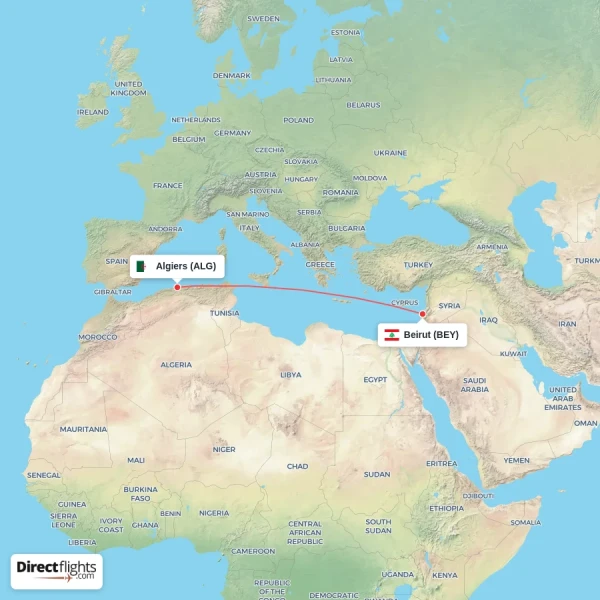 Algiers - Beirut direct flight map