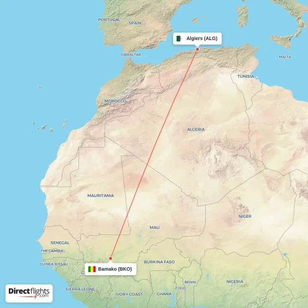 Algiers - Bamako direct flight map