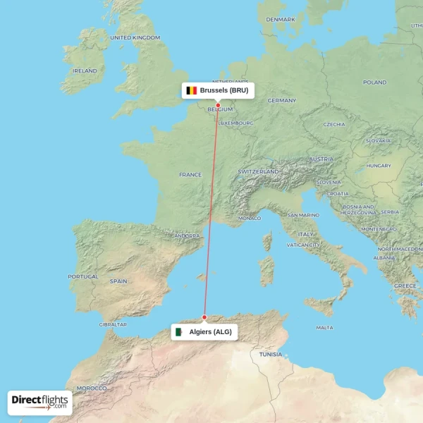 Algiers - Brussels direct flight map