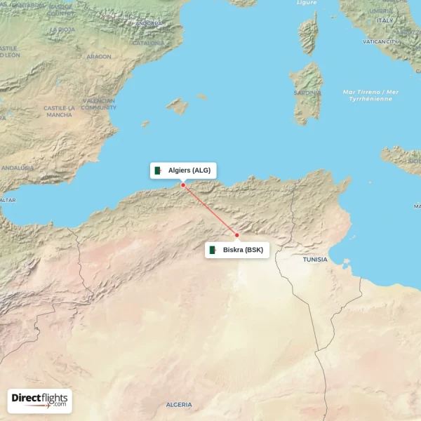 Algiers - Biskra direct flight map