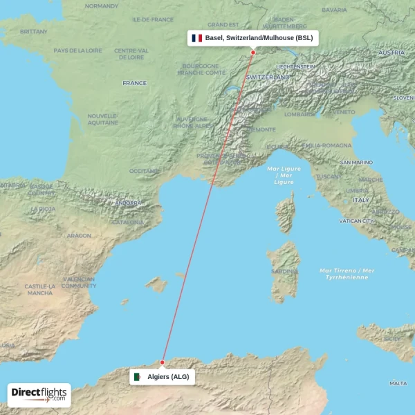 Algiers - Basel, Switzerland/Mulhouse direct flight map