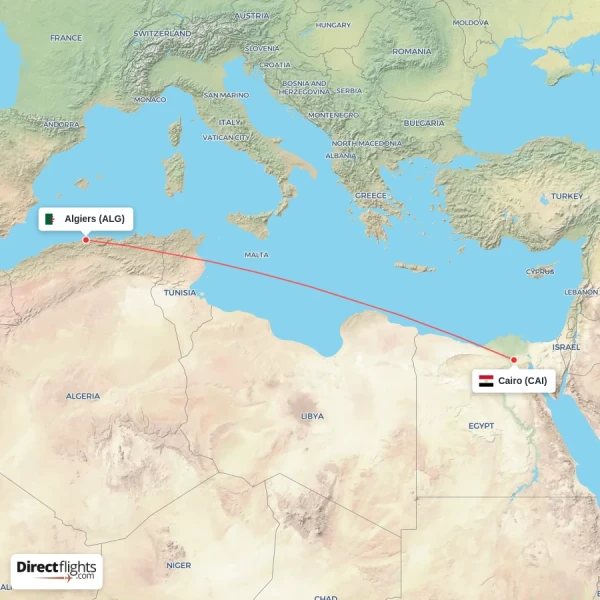 Algiers - Cairo direct flight map