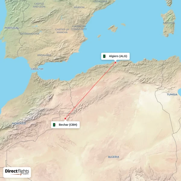 Algiers - Bechar direct flight map