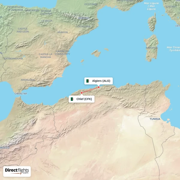 Algiers - Chlef direct flight map
