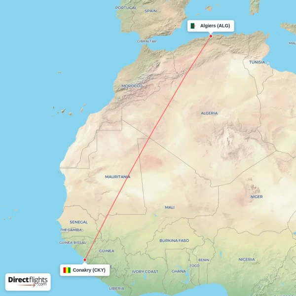 Algiers - Conakry direct flight map