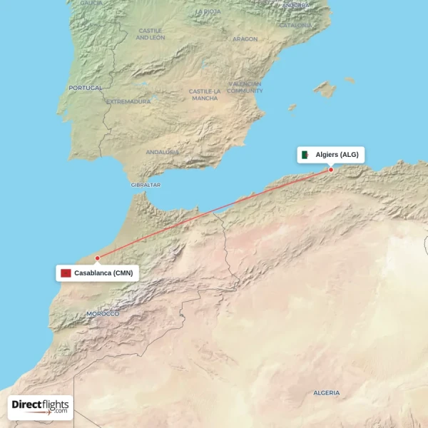 Algiers - Casablanca direct flight map
