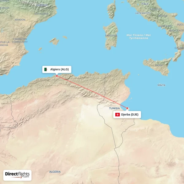 Algiers - Djerba direct flight map