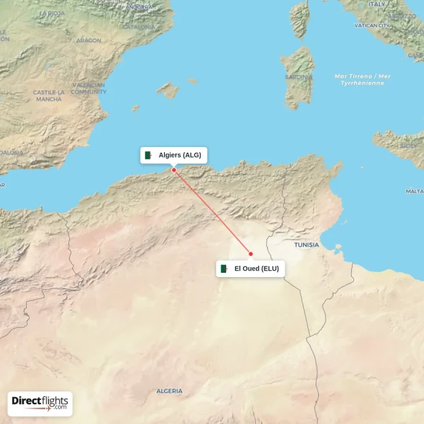 Algiers - El Oued direct flight map