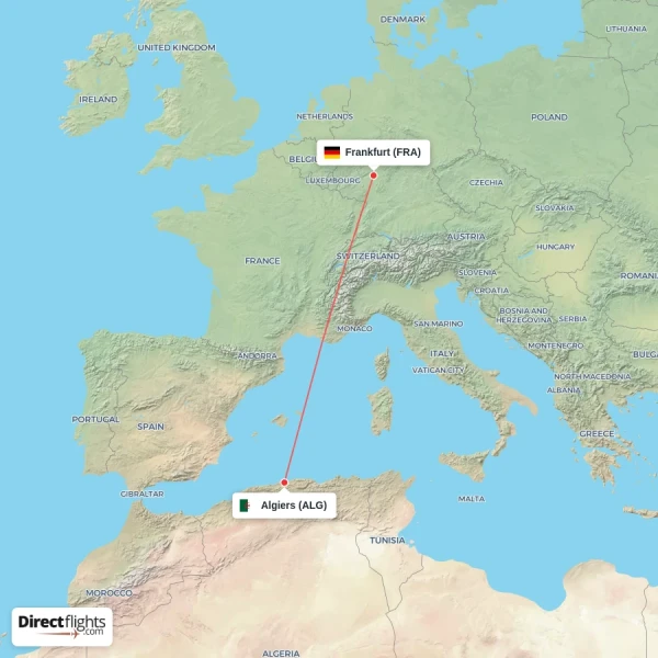 Algiers - Frankfurt direct flight map