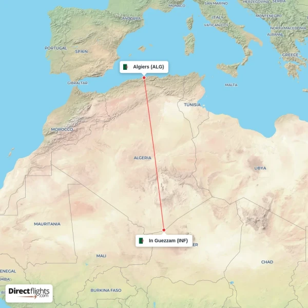 Algiers - In Guezzam direct flight map
