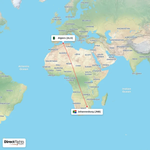 Algiers - Johannesburg direct flight map
