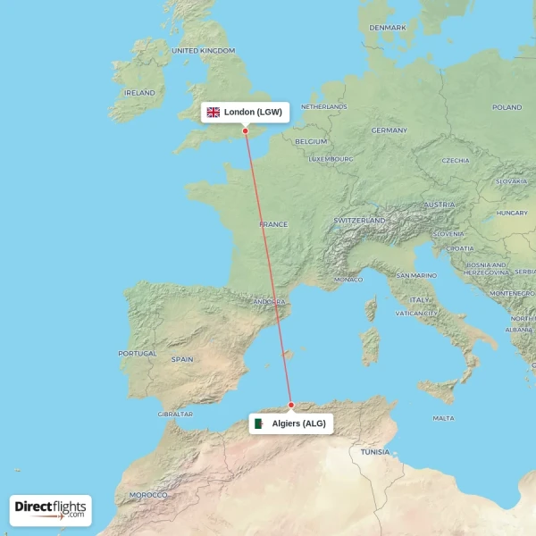 Algiers - London direct flight map