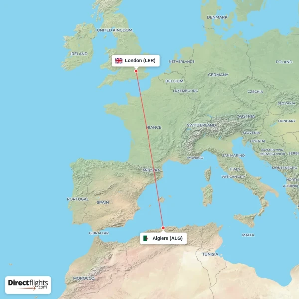 Algiers - London direct flight map