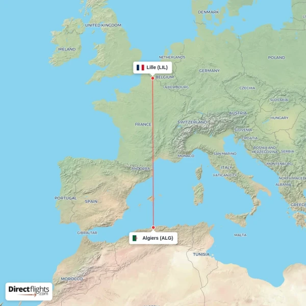 Algiers - Lille direct flight map