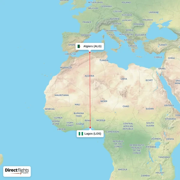 Algiers - Lagos direct flight map