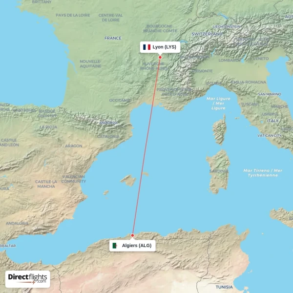 Algiers - Lyon direct flight map