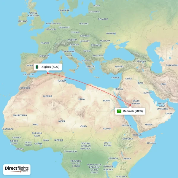 Algiers - Madinah direct flight map