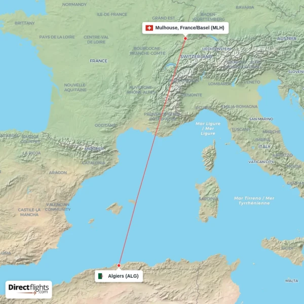 Algiers - Mulhouse, France/Basel direct flight map