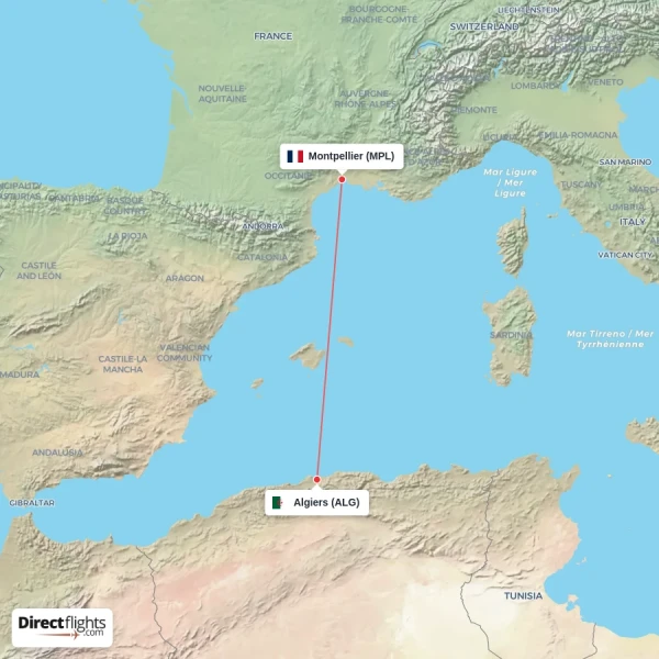Algiers - Montpellier direct flight map