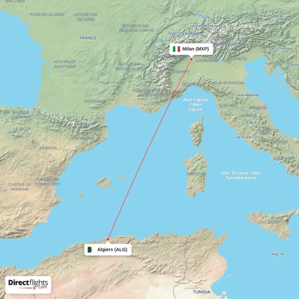 Algiers - Milan direct flight map