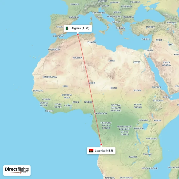 Algiers - Luanda direct flight map
