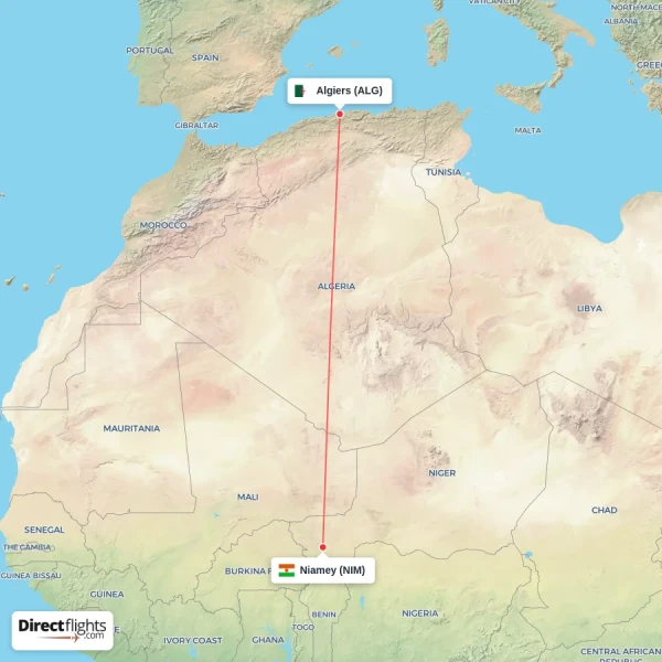 Algiers - Niamey direct flight map