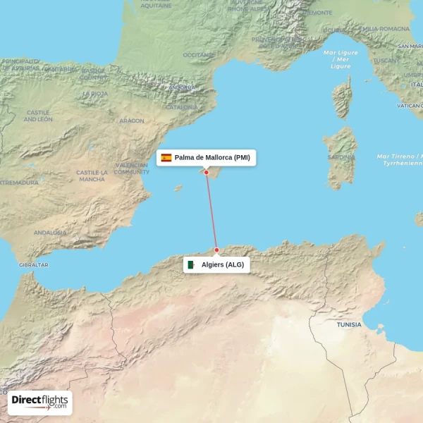 Algiers - Palma de Mallorca direct flight map