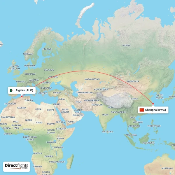 Algiers - Shanghai direct flight map