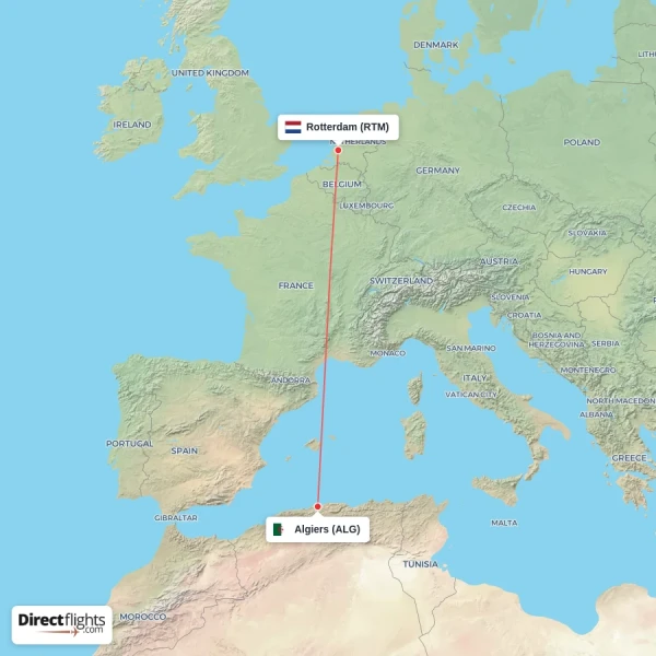 Algiers - Rotterdam direct flight map