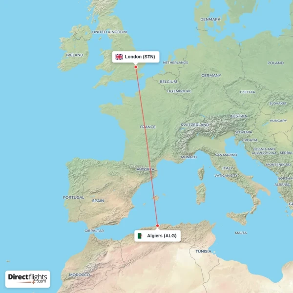 Algiers - London direct flight map