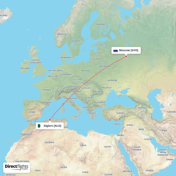 Algiers - Moscow direct flight map
