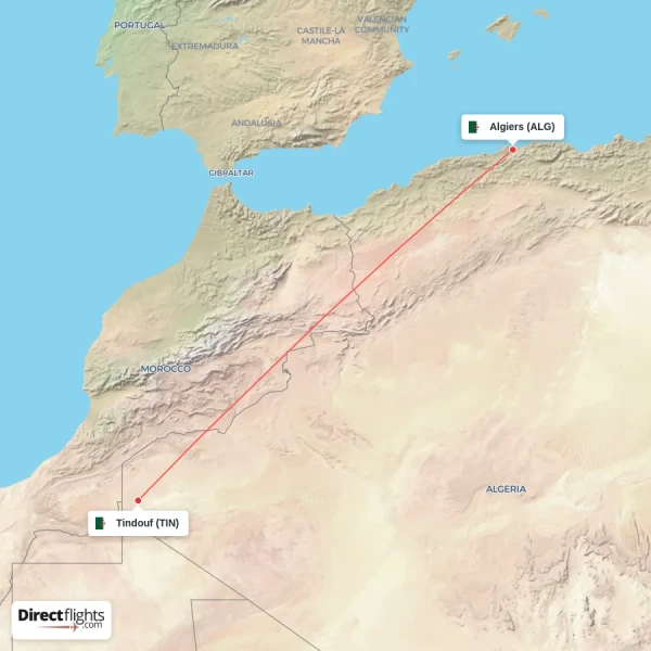 Algiers - Tindouf direct flight map