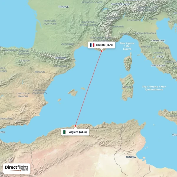 Algiers - Toulon direct flight map