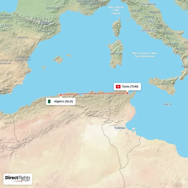 Algiers - Tunis direct flight map