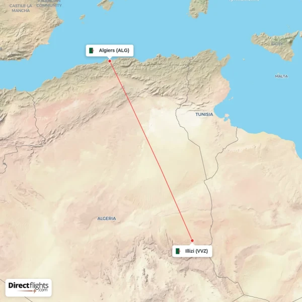 Algiers - Illizi direct flight map