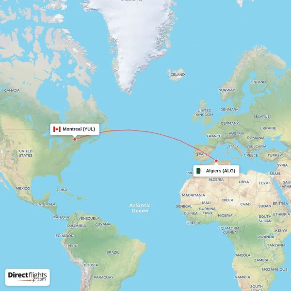 Algiers - Montreal direct flight map
