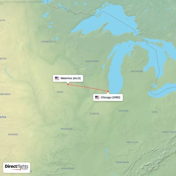 Waterloo - Chicago direct flight map